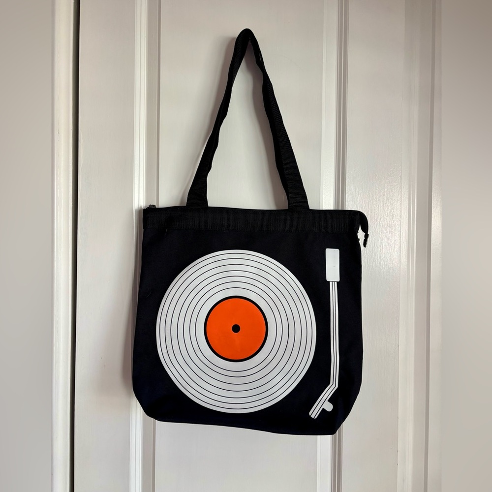 Barnes and Noble Black Vinyl Record Tote Bag with Orange Accent
